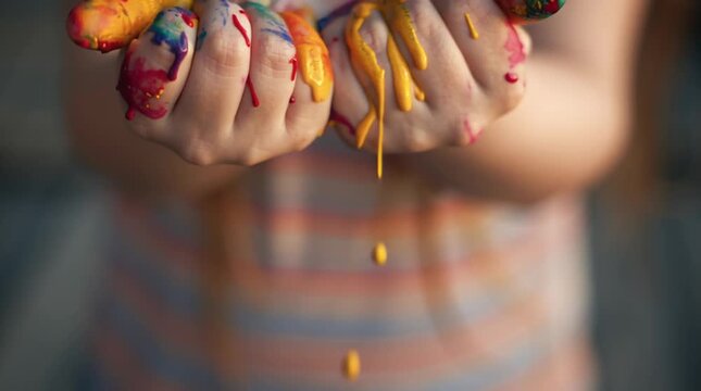 Young child creating colorful handprints with messy paint covered fingers on white paper during creative art activity