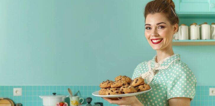 Stylish Retro Redhead Woman in Vintage Kitchen Setting