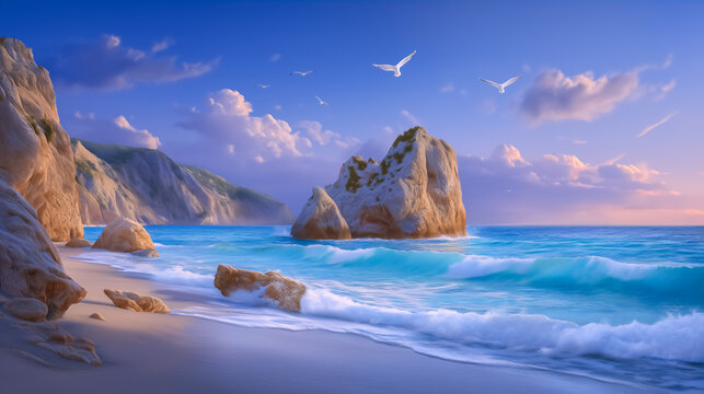 Waves gently roll onto sandy beach while seagulls soar in a picturesque coastal landscape. Scenic view of rocky formations, perfect for travel agency, nature tourism, landscape art
