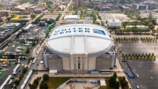 Chicago, IL, USA - July 9, 2025: Aerial view of the United Center, which opened in 1994 and the largest indoor entertainment venue in Chicago and home to the Chicago Blackhawks and Bulls.
