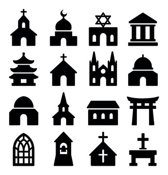 Religious icon collection: simple silhouette churches, temples, mosques, synagogues,