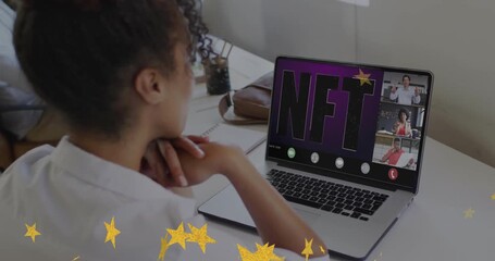 woman viewing purple panel while NFT letters animating star graphics drifting during tech meeting - Powered by Adobe