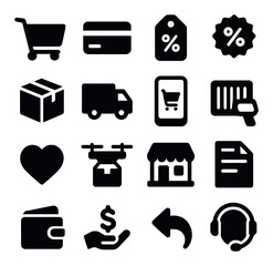 Online shopping icon collection. retail silhouette set with cart, credit card, package, delivery, store, price tag