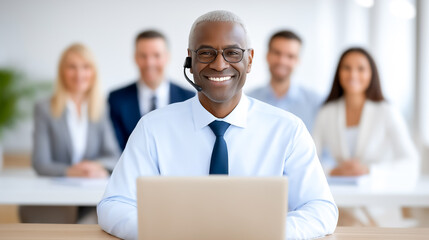 Mature man wearing headset smiles at laptop while engaging in video conference. Bright office space with team members visible in background. Concept of teamwork, communication, and remote work
