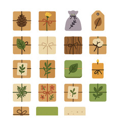 Nature gift icon collection. simple wrapped gifts, pine, flower, leaf, candle icons set