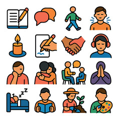 Healing activities icon collection. simple wellbeing icons: journal, talk, walk, meditate, candle, write, hug, talk, pray, sleep, read, garden, paint