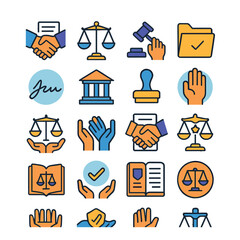 Legal icon collection: simple legal icons including gavel, scale, handshake, contract, folder, stamp, flat