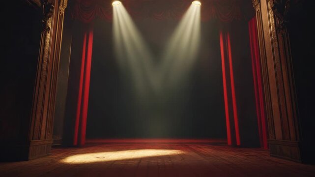 The stage is set for a theater performance. Red curtains create an atmosphere of anticipation. Lights illuminate the empty space, ready to shine on performers and captivate an audience.