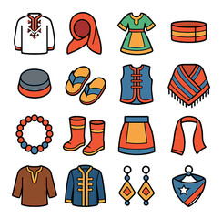 Cultural attire icon collection: traditional wear silhouette. dress, scarf, hat, shoes, jewelry