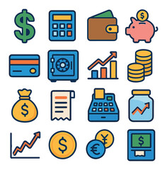 Financial icon collection. simple money, budget, calculator, piggy bank, wallet, coin, safe, chart, receipt