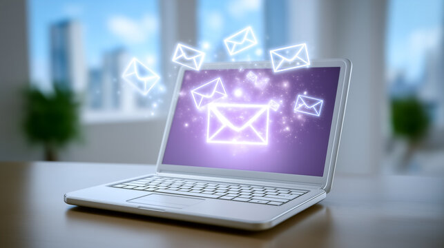 Laptop shows glowing email icons emerging from the screen, creating a lively atmosphere. Modern office background with city skyline visible through large windows