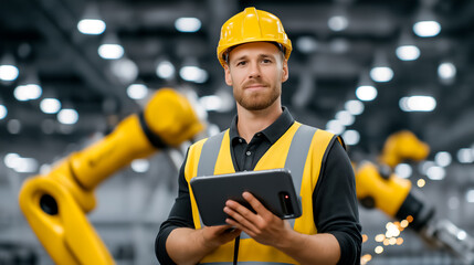 Man in yellow hard hat stands with tablet while overseeing automated robotic arms in industrial facility. Brightly lit environment highlights technology