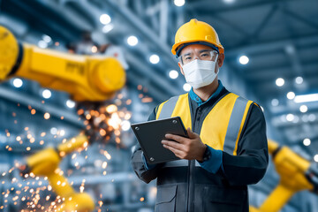 Worker in safety gear is monitoring robotic machines with a tablet. High-tech factory setting with bright sparks and machinery background. Concept of manufacturing, automation, technology