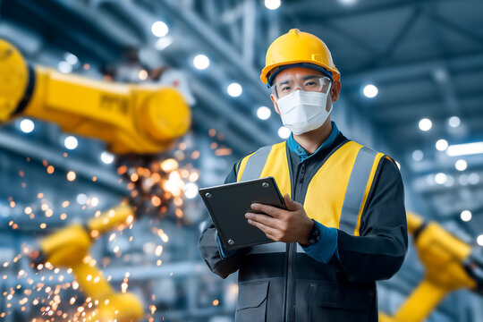 Worker in safety gear is monitoring robotic machines with a tablet. High-tech factory setting with bright sparks and machinery background. Concept of manufacturing, automation, technology