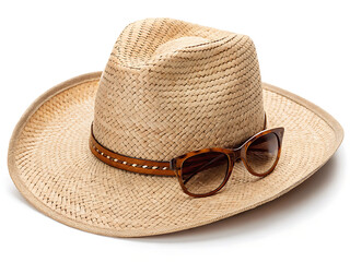 A straw hat with a brown leather band and sunglasses resting on it against a white background surface