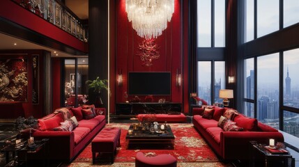 Luxurious red-toned living room with city views
