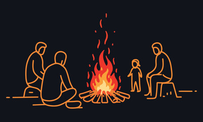 Family Gathering Around Fire Vector