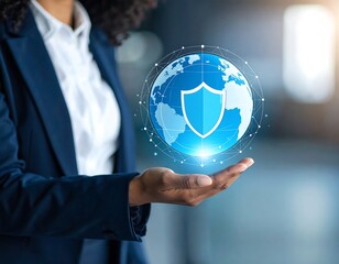 Woman holding a digital globe with a protective shield