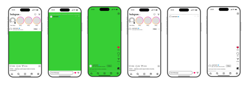 Creative Instagram PNG pack on transparent background with green screen assets, interface icons, reels templates, story frames, like and comment buttons, toolbar, and profile logo.