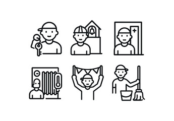 Outline icons of male figures in various contexts with objects