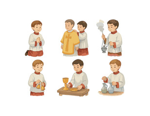 Six young caucasian boys performing altar server duties in church
