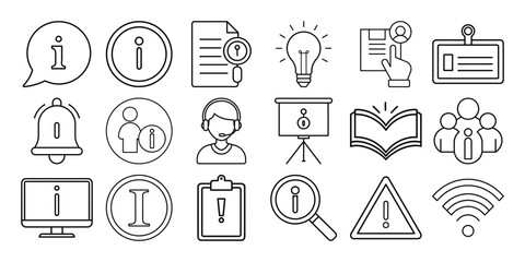 Collection of information and help icons in a line art style isolated on white background