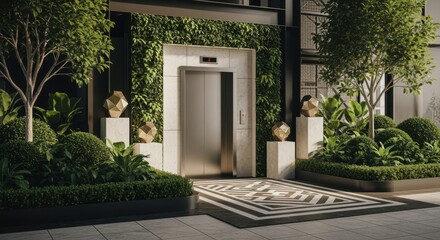Modern building entrance featuring an elevator surrounded by a vertical garden and geometric sculptures, creating a luxurious and welcoming atmosphere