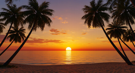 Beautiful sunset beach. Palm trees on sandy beach the sea