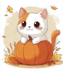 Adorable kawaii-style cartoon cat sitting in a pumpkin with autumn leaves around. Cute fall illustration perfect for kids, stickers, prints, or seasonal designs