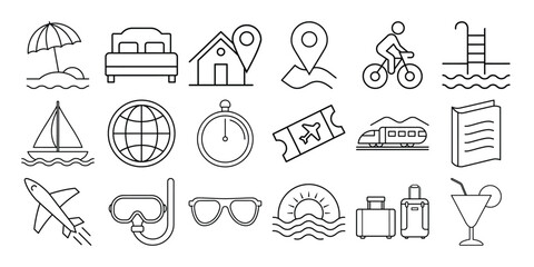Collection of travel and vacation icons including transportation accommodation and leisure activities isolated on white background