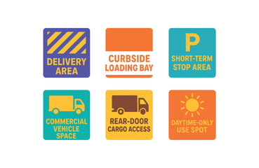 Colorful parking and loading area signs for various vehicle purposes