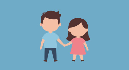 Obraz premium A cartoon couple holding hands, depicted with simple shapes, against a blue backdrop.