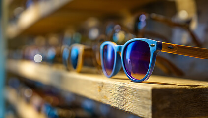 Stylish blue sunglasses with purple lenses on a wooden shelf display