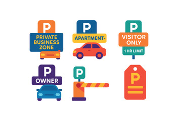 Colorful parking signs and icons set with vehicles and barriers