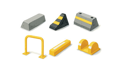 Collection of various parking blocks and barriers in yellow and gray