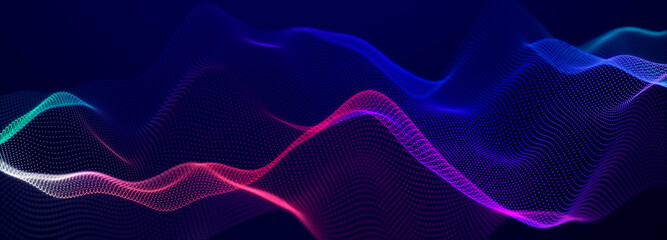 Wave of streaming particles on a light blue background. Abstract background with dynamic elements of waves and dots. 3d