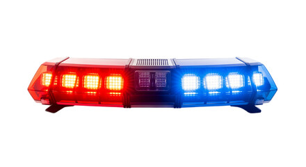 A police light bar with red and blue flashing lights on a transparent background. The light bar is rectangular and designed for emergency vehicles.