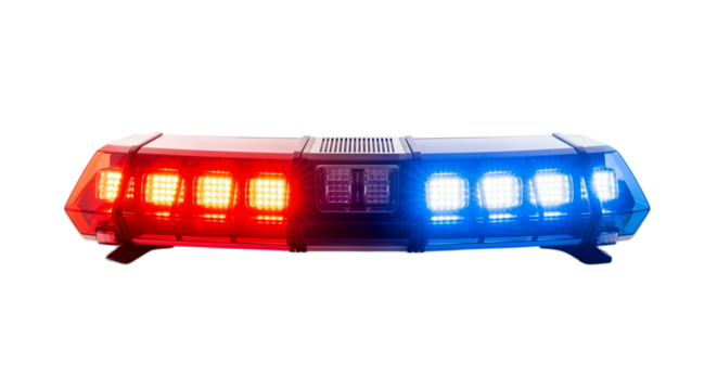 A police light bar with red and blue flashing lights on a transparent background. The light bar is rectangular and designed for emergency vehicles.