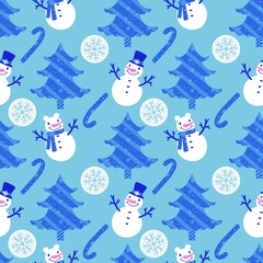 Christmas tree seamless snowman pattern for wrapping paper and fabrics