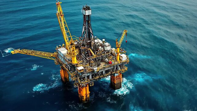 Aerial view of offshore oil rig platform extracting petroleum in calm ocean waters
