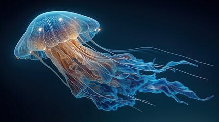 Stunning glowing jellyfish in deep blue ocean, captured with macro lens and teal lighting. Bioluminescent marine life, elegant and otherworldly underwater scene