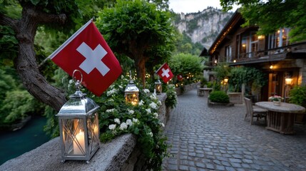 Switzerland confederation celebration: august first, independence Helvetic, tradition patriotic, ceremony joyful, citizen gathering, festival commemoration, red cross, white emblem, banner festivity