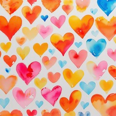 Handpainted Watercolor Hearts in Various Colors on a White Background