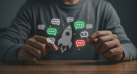 Digital Marketing Launch: Rocket and Chat Bubbles Representing Growth
