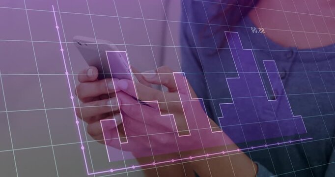 Woman's hands tapping smartphone and generating transparent purple grid bar chart for finance data