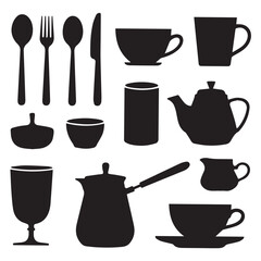 Collection of black silhouette kitchenware and tableware including spoons forks knives cups mugs teapots and glasses on white background