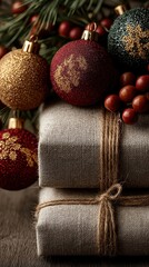 Rustic Christmas gift boxes wrapped in linen with twine, decorated with red and gold baubles, pine branches and berries. Cozy festive holiday background