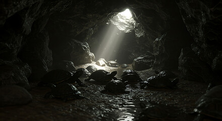 turtle swimming in a dark underwater cave art blue ocean