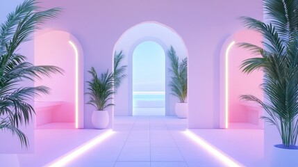 Pastel archway interior scene with tropical plants