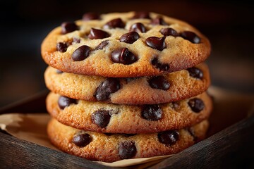 Stack of freshly baked chocolate chip cookies in a rustic box. Delicious homemade dessert, crispy outside and soft inside. Perfect for bakery or food ads